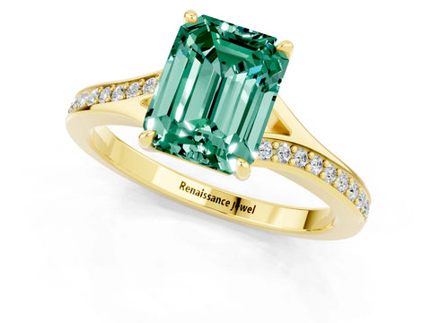 Yellow gold Emerald Cut Green Sapphire Solitaire Ring with Pavé Band and Prong Setting_25