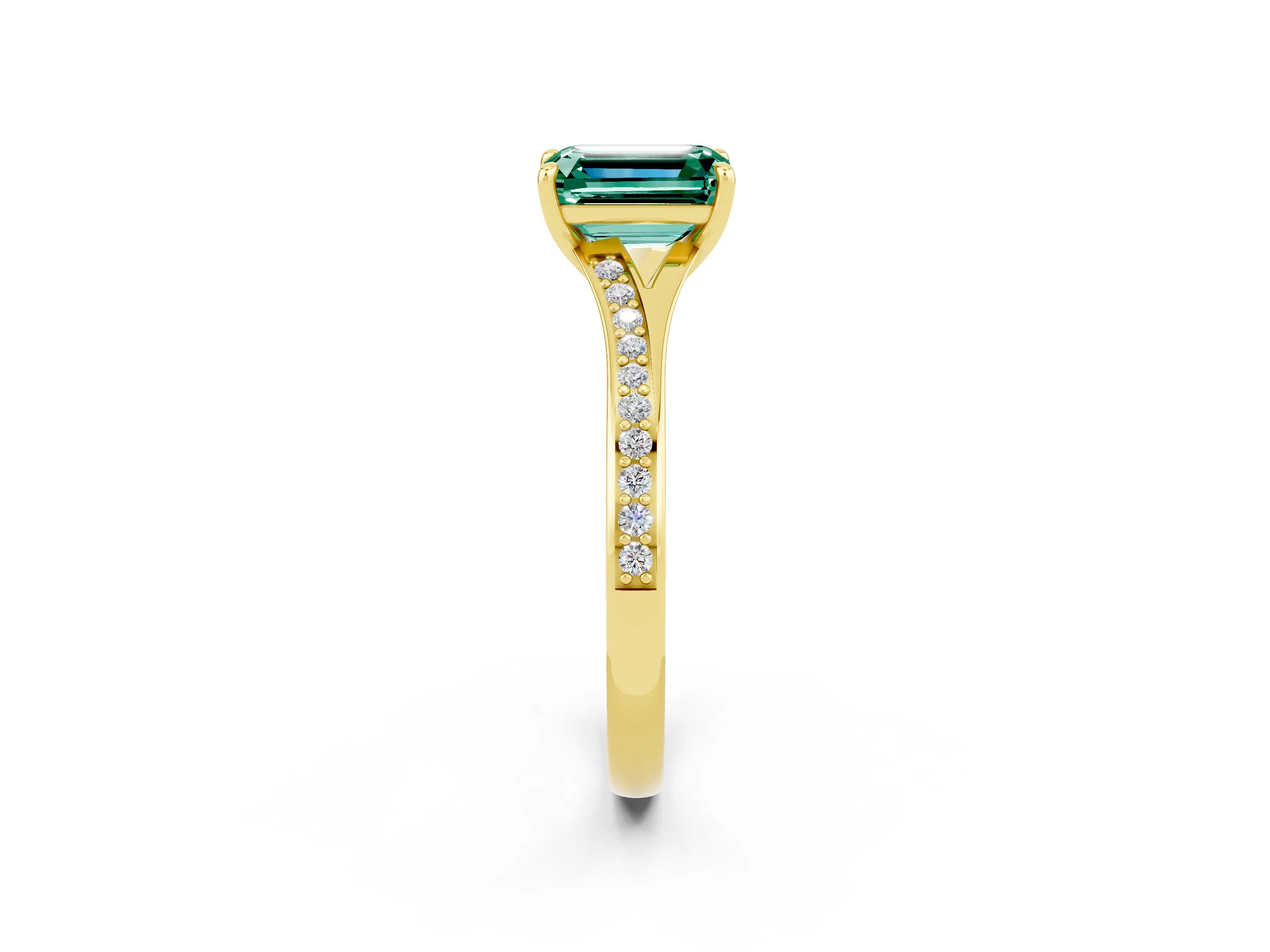 Yellow gold Emerald Cut Green Sapphire Solitaire Ring with Pavé Band and Prong Setting_26