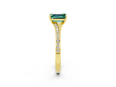 Yellow gold Emerald Cut Green Sapphire Solitaire Ring with Pavé Band and Prong Setting_26