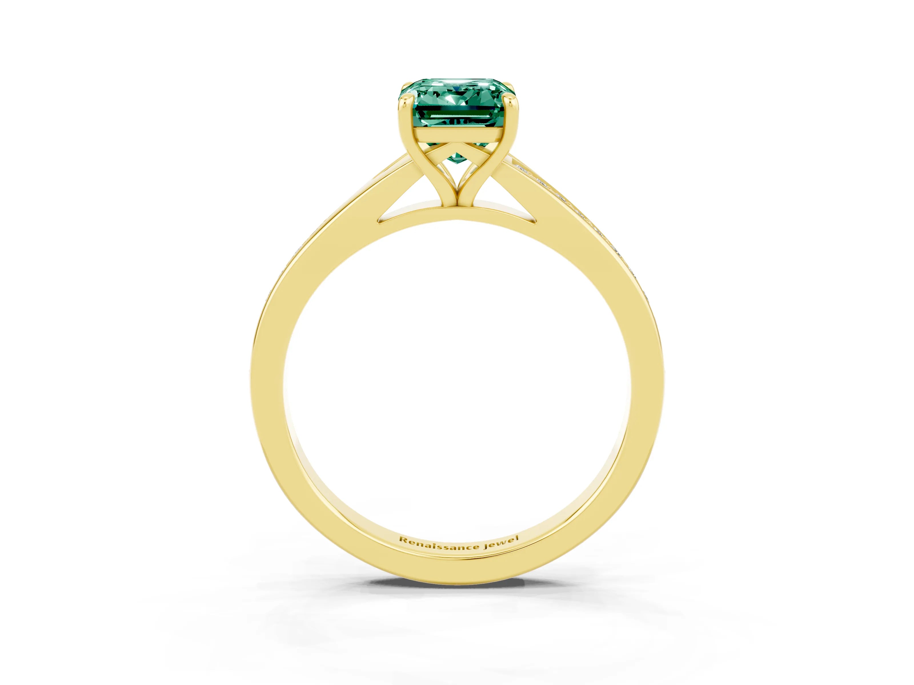 Yellow gold Emerald Cut Green Sapphire Solitaire Ring with Pavé Band and Prong Setting_27
