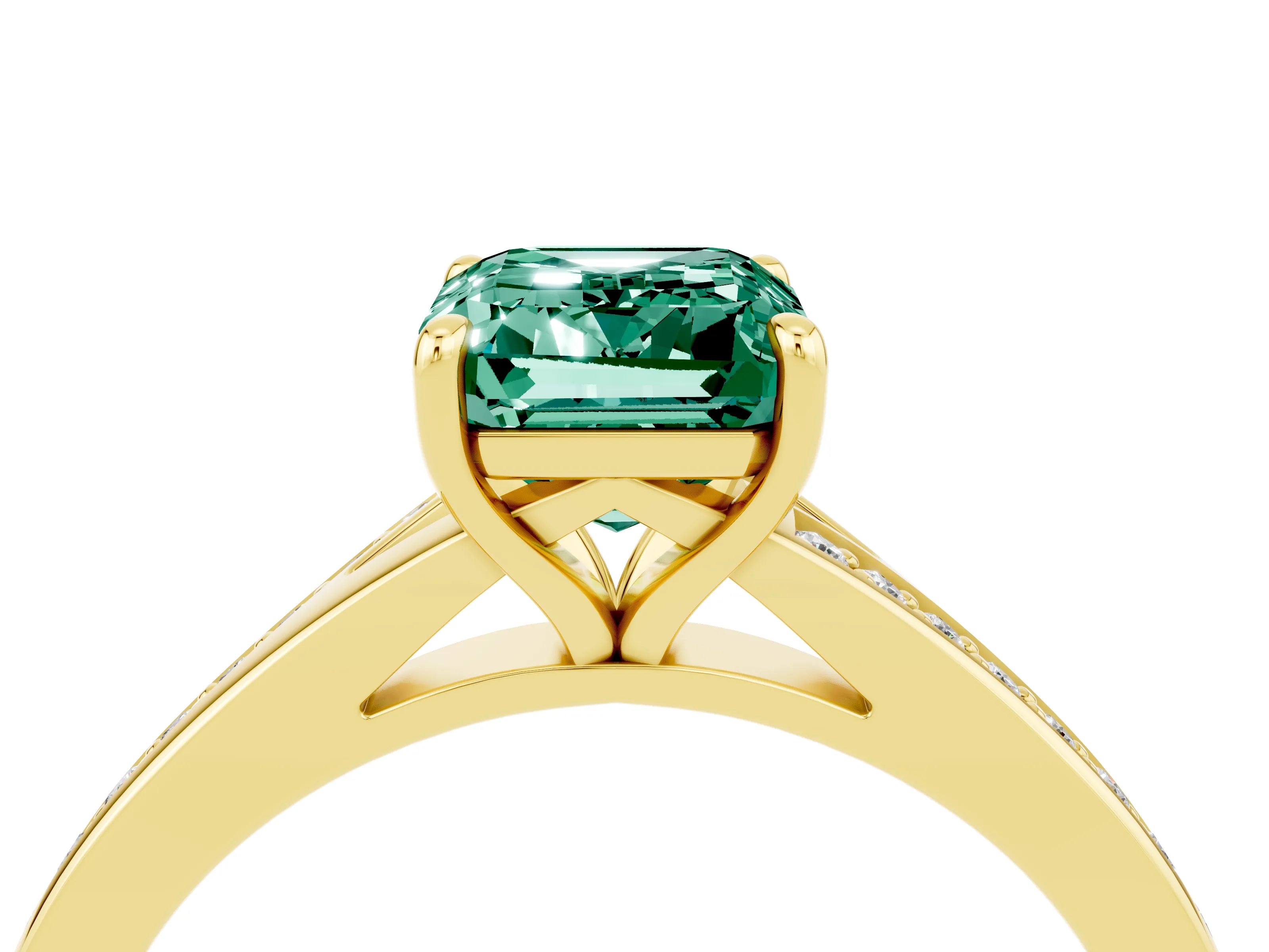 Yellow gold Emerald Cut Green Sapphire Solitaire Ring with Pavé Band and Prong Setting_28