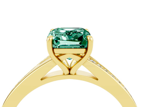 Yellow gold Emerald Cut Green Sapphire Solitaire Ring with Pavé Band and Prong Setting_28