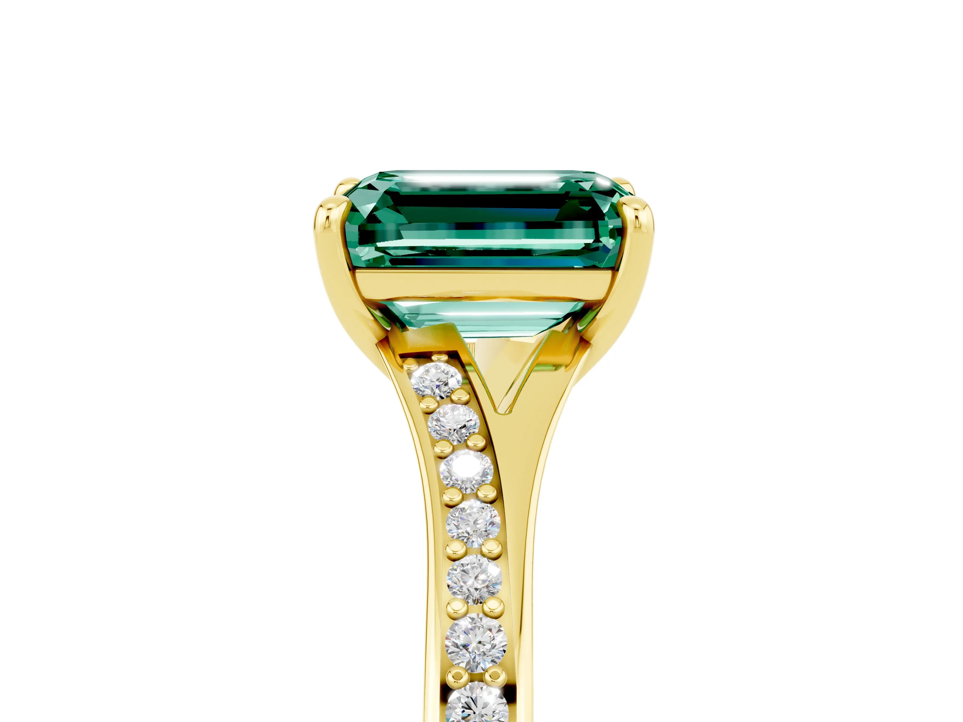 Yellow gold Emerald Cut Green Sapphire Solitaire Ring with Pavé Band and Prong Setting_29