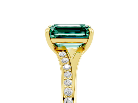 Yellow gold Emerald Cut Green Sapphire Solitaire Ring with Pavé Band and Prong Setting_29