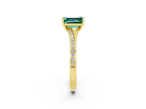 Yellow gold Emerald Cut Green Sapphire Solitaire Ring with Pavé Band and Prong Setting_2