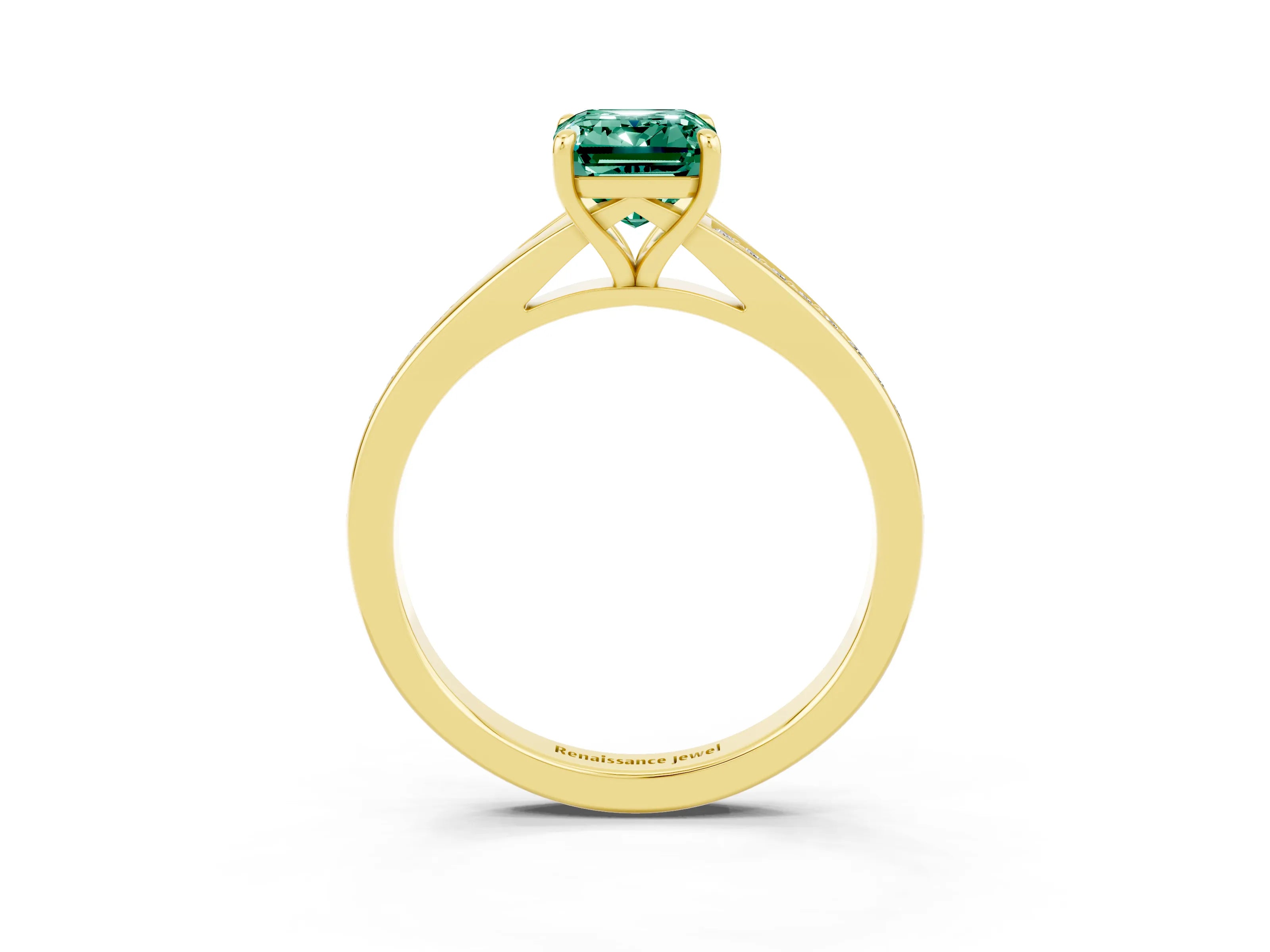 Yellow gold Emerald Cut Green Sapphire Solitaire Ring with Pavé Band and Prong Setting_3