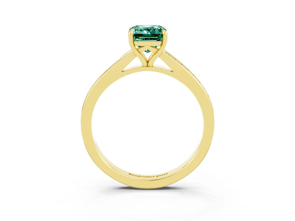 Yellow gold Emerald Cut Green Sapphire Solitaire Ring with Pavé Band and Prong Setting