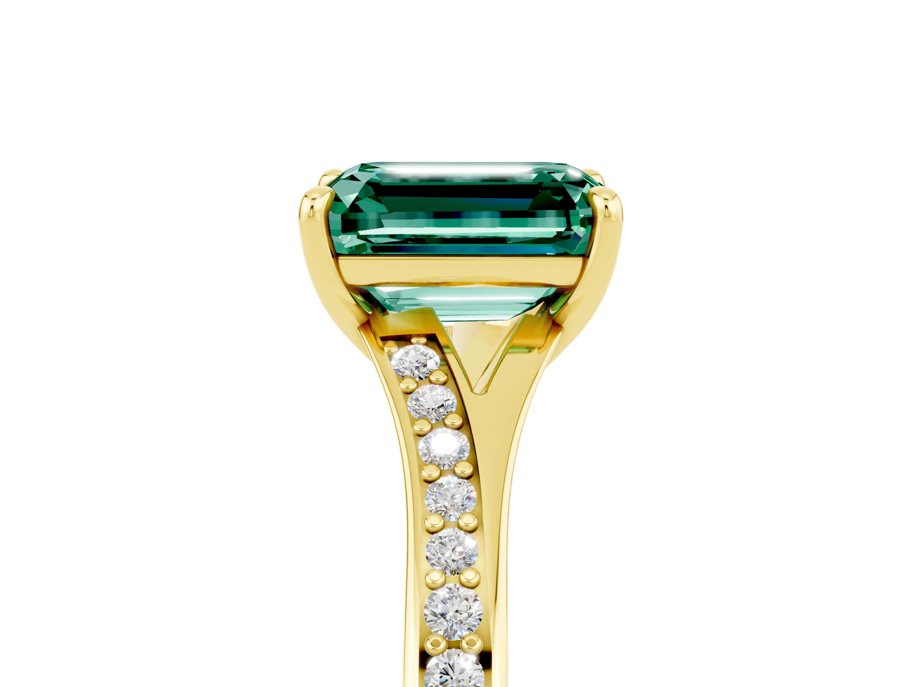 Yellow gold Emerald Cut Green Sapphire Solitaire Ring with Pavé Band and Prong Setting_5