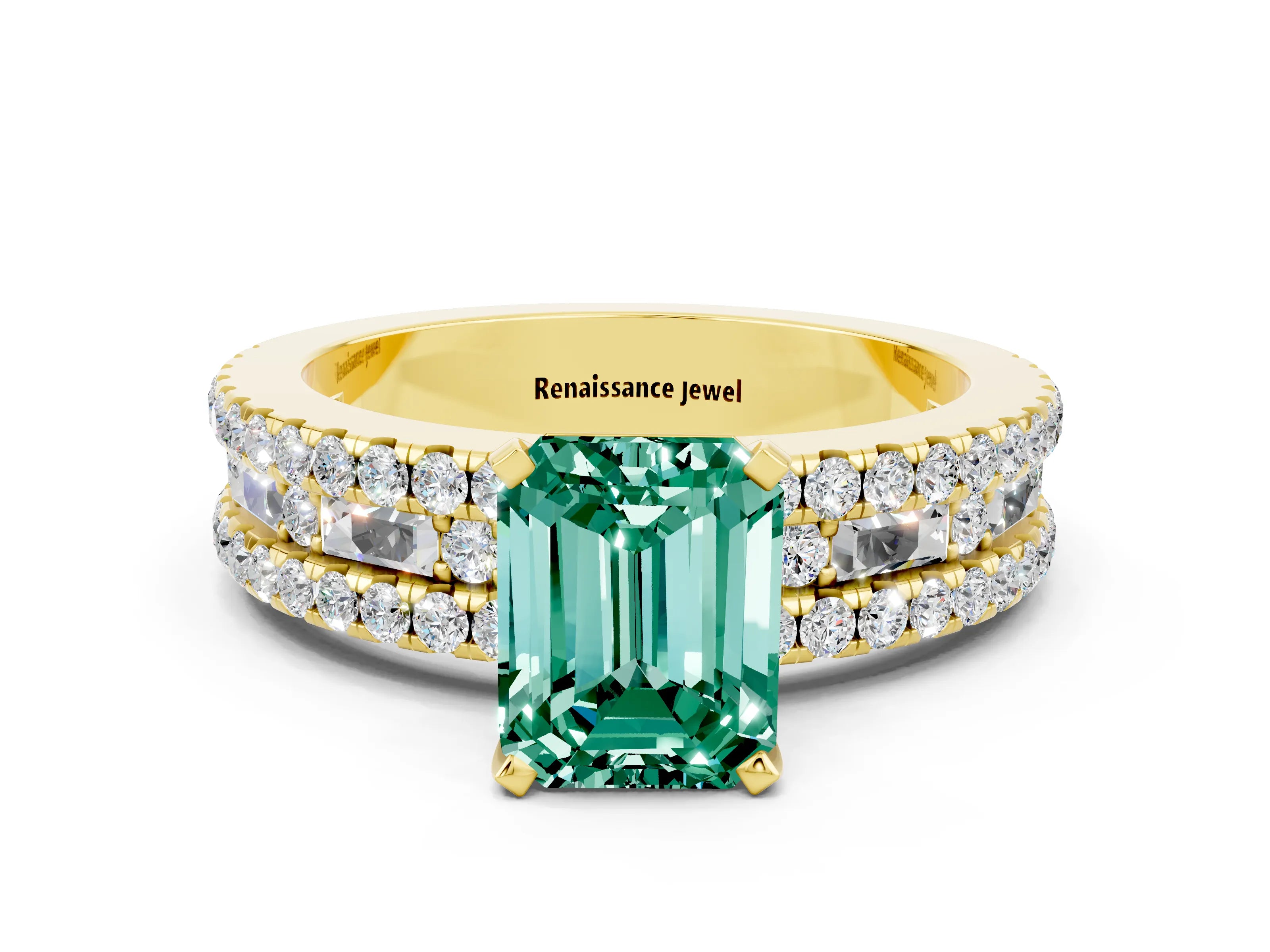 Yellow gold Emerald Cut Green Sapphire Solitaire Ring with Pavé and Channel Set Band_12