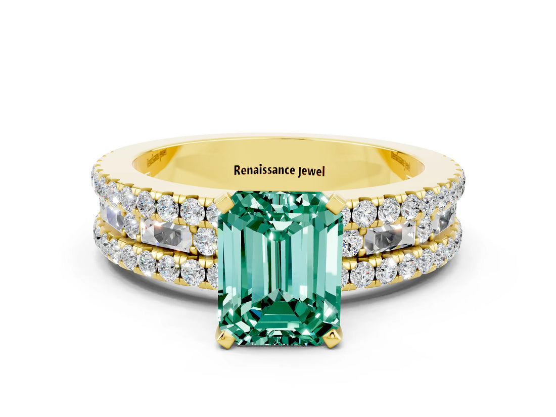 Yellow gold Emerald Cut Green Sapphire Solitaire Ring with Pavé and Channel Set Band_12