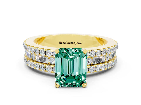 Yellow gold Emerald Cut Green Sapphire Solitaire Ring with Pavé and Channel Set Band_12
