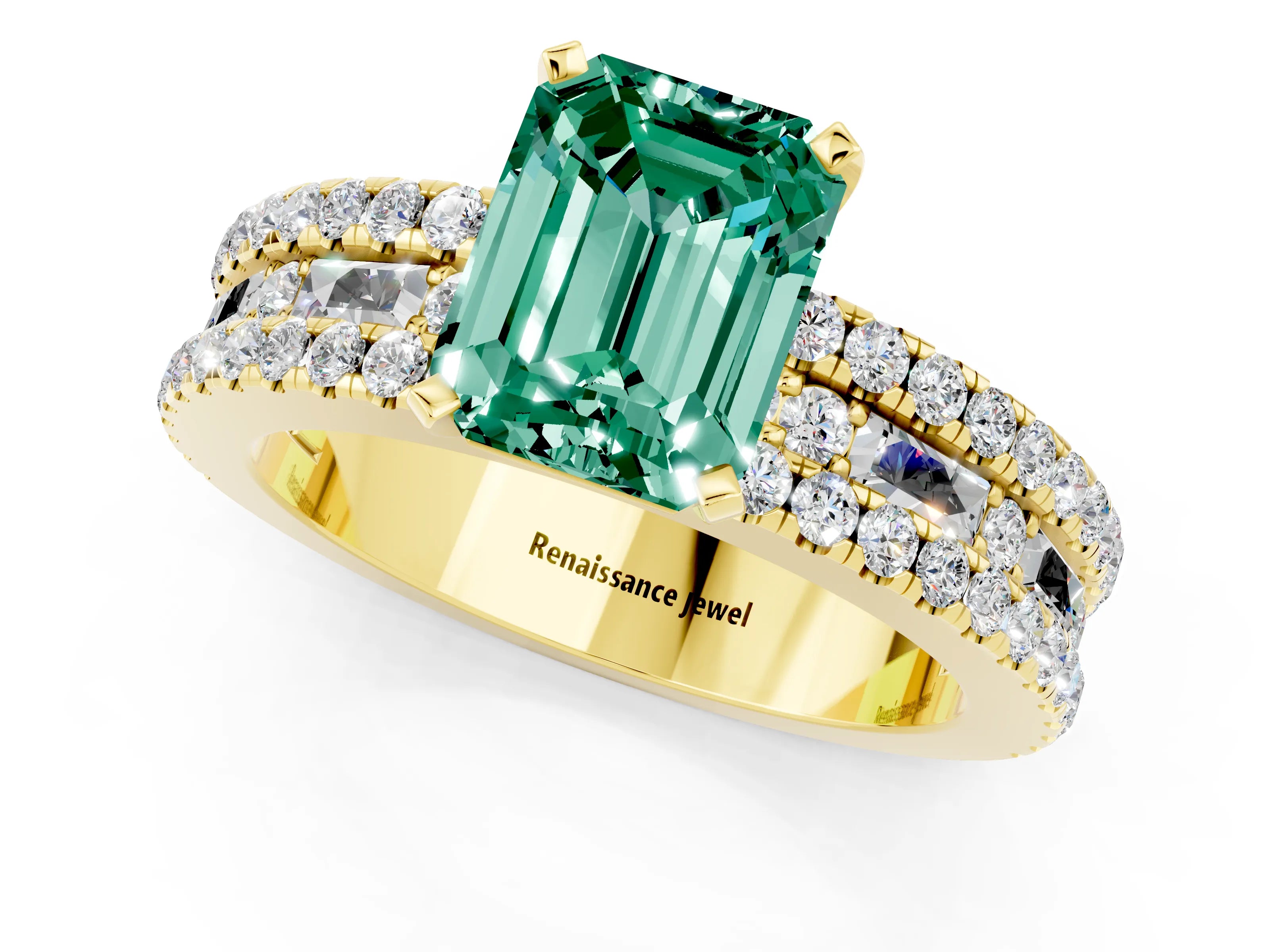 Yellow gold Emerald Cut Green Sapphire Solitaire Ring with Pavé and Channel Set Band_13