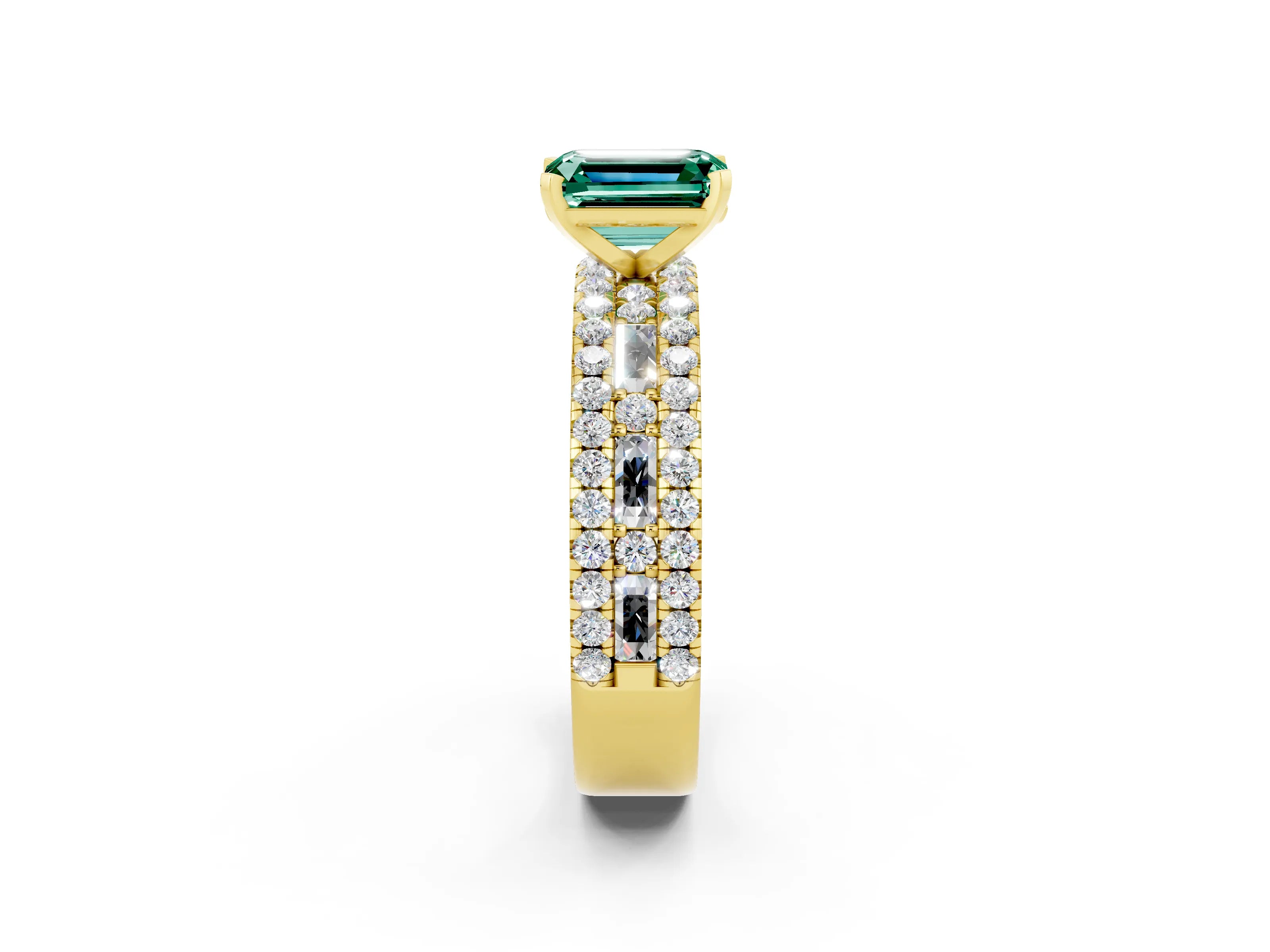 Yellow gold Emerald Cut Green Sapphire Solitaire Ring with Pavé and Channel Set Band_14