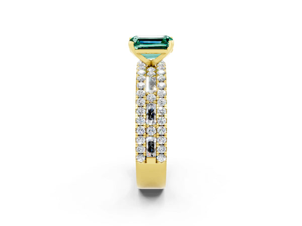 Yellow gold Emerald Cut Green Sapphire Solitaire Ring with Pavé and Channel Set Band