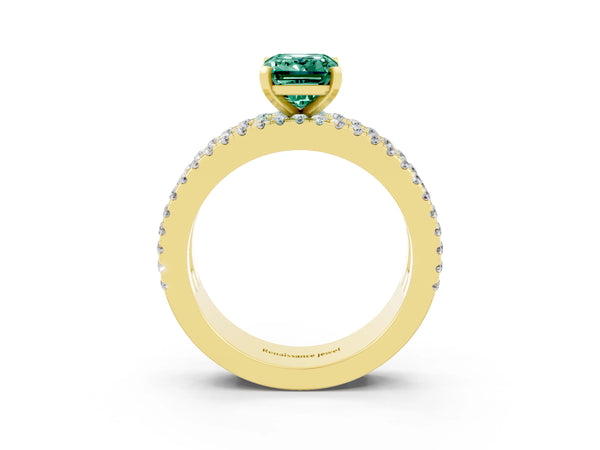 Yellow gold Emerald Cut Green Sapphire Solitaire Ring with Pavé and Channel Set Band