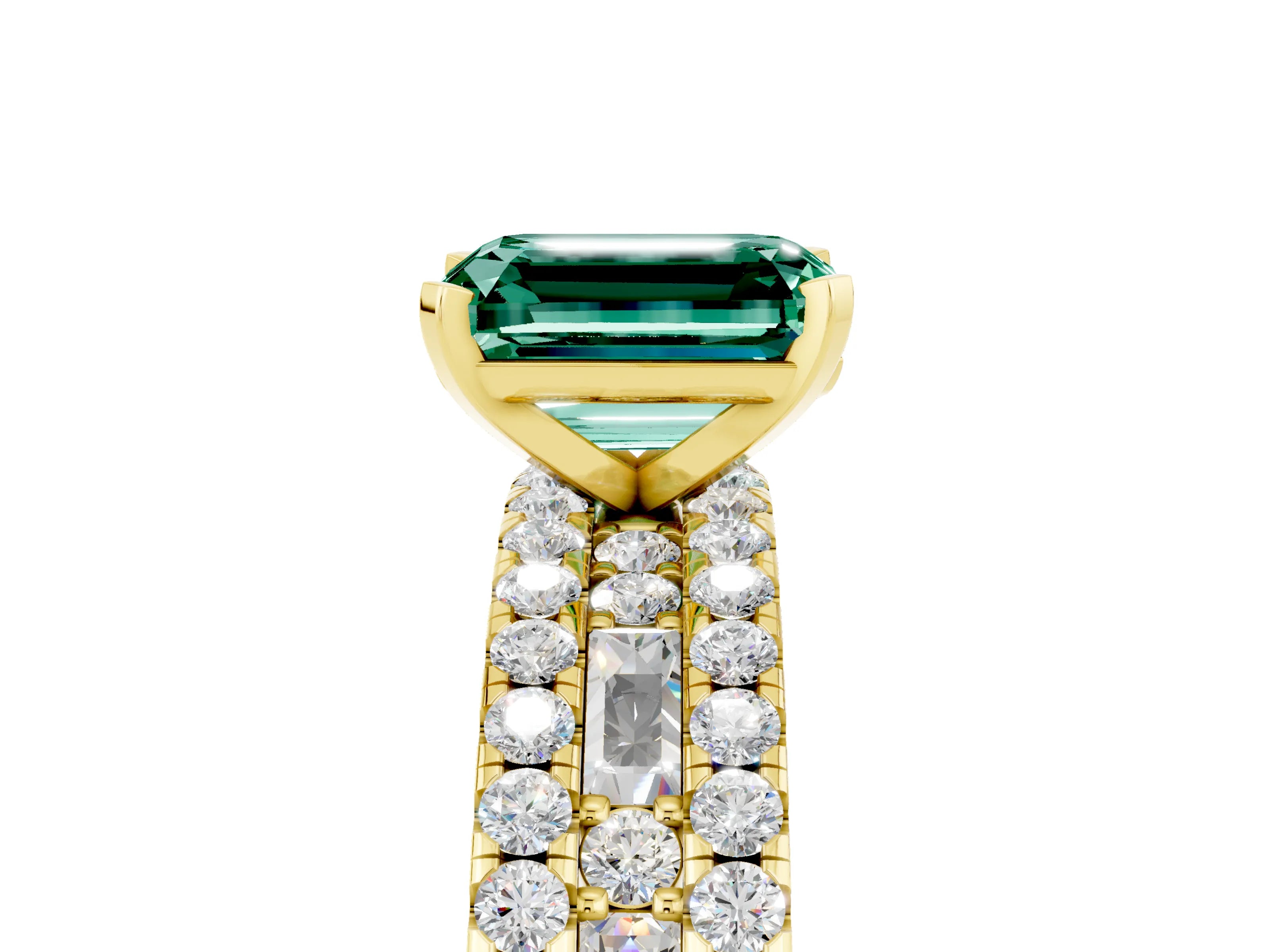 Yellow gold Emerald Cut Green Sapphire Solitaire Ring with Pavé and Channel Set Band_17