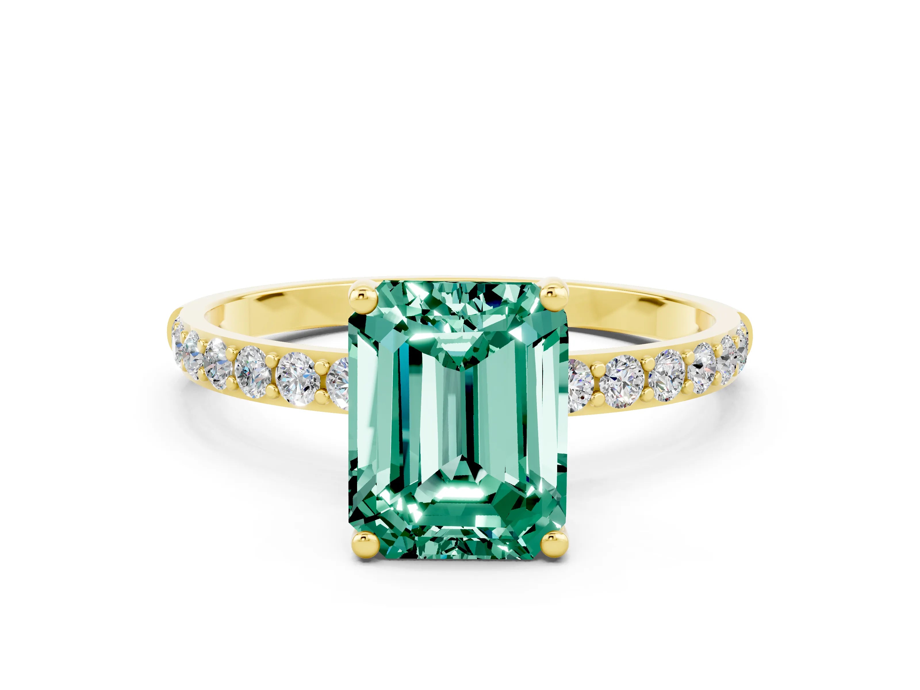 Yellow gold Emerald Cut Green Sapphire Solitaire Ring with Pave Band and Four Prong Setting_24
