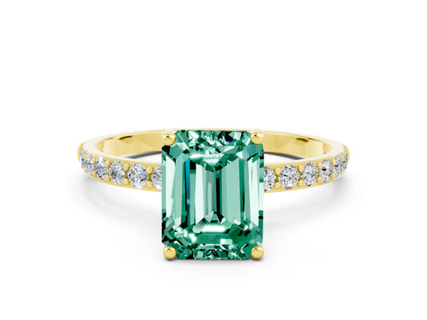 Yellow gold Emerald Cut Green Sapphire Solitaire Ring with Pave Band and Four Prong Setting_24