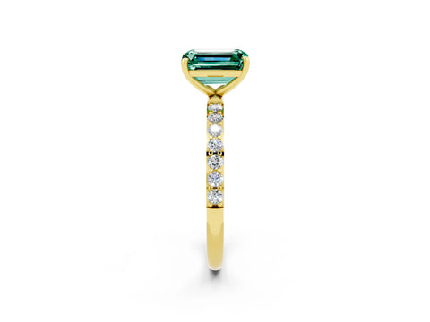 Yellow gold Emerald Cut Green Sapphire Solitaire Ring with Pave Band and Four Prong Setting_26