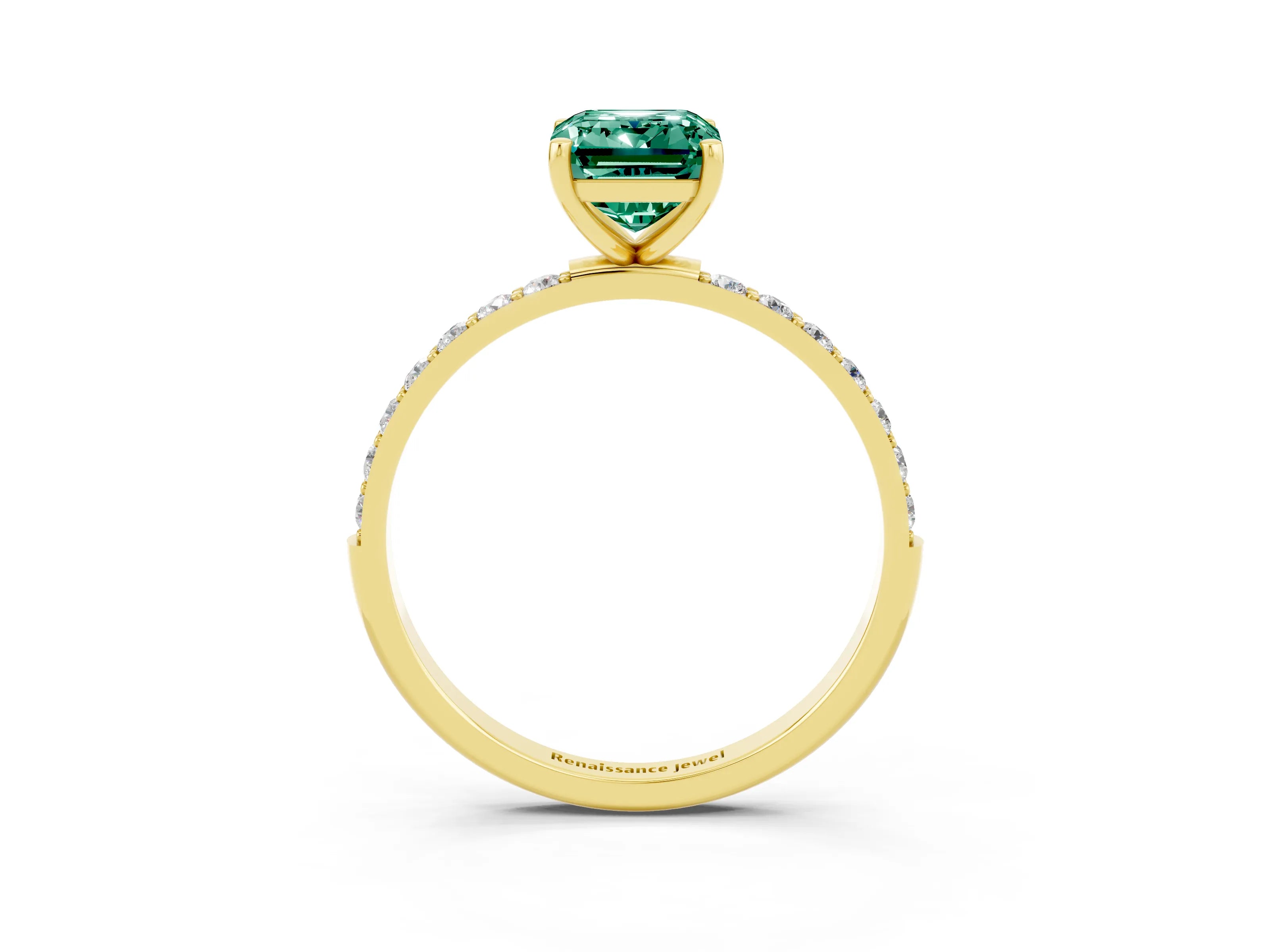 Yellow gold Emerald Cut Green Sapphire Solitaire Ring with Pave Band and Four Prong Setting_27