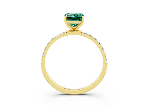 Yellow gold Emerald Cut Green Sapphire Solitaire Ring with Round  Pavé Band and Prong Setting