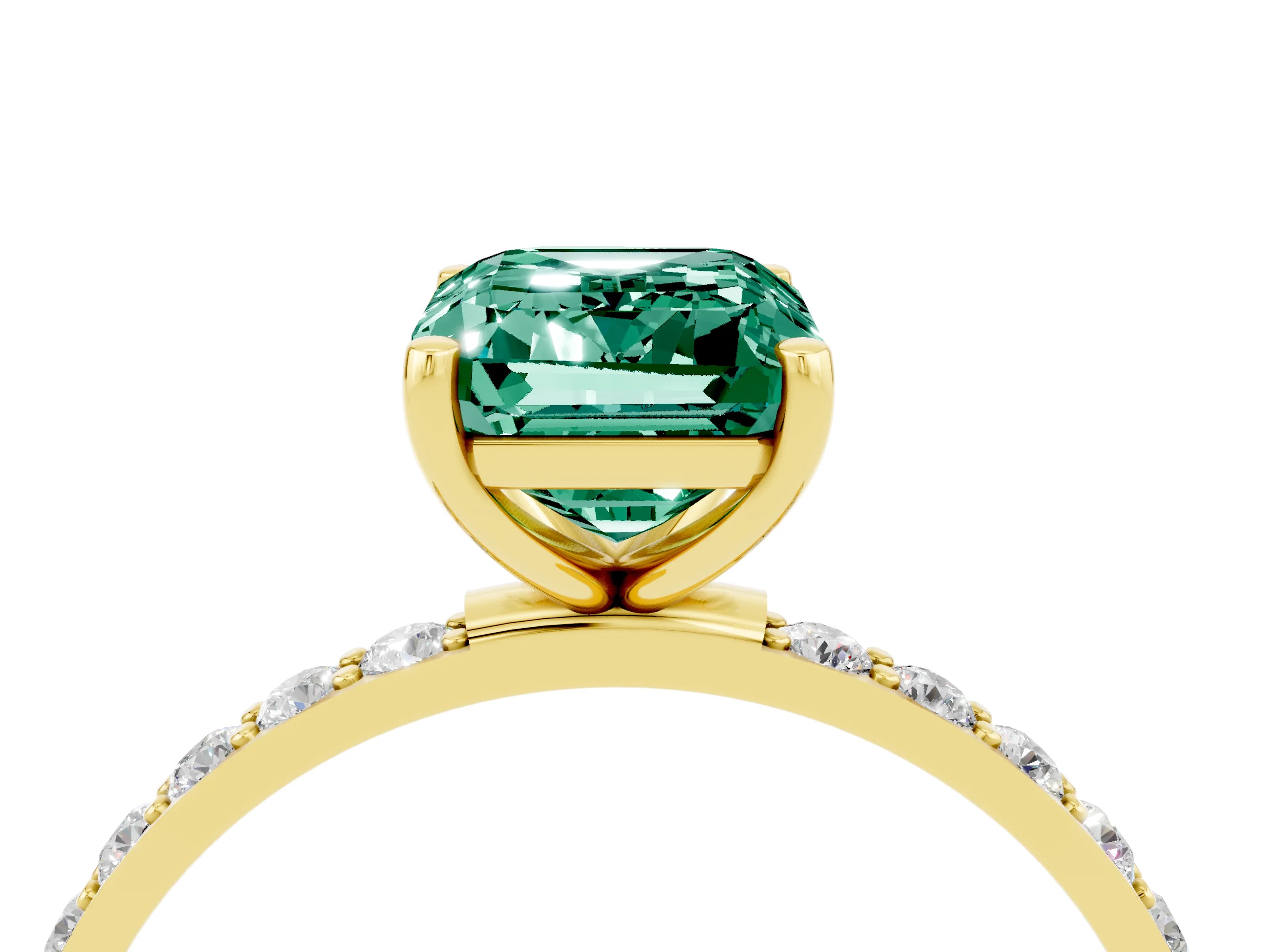 Yellow gold Emerald Cut Green Sapphire Solitaire Ring with Pave Band and Four Prong Setting_28