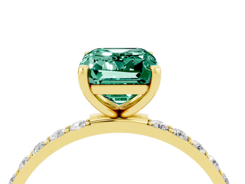 Yellow gold Emerald Cut Green Sapphire Solitaire Ring with Pave Band and Four Prong Setting_28