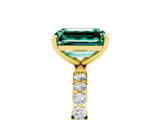 Yellow gold Emerald Cut Green Sapphire Solitaire Ring with Pave Band and Four Prong Setting_29