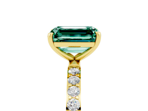 Yellow gold Emerald Cut Green Sapphire Solitaire Ring with Pave Band and Four Prong Setting_29