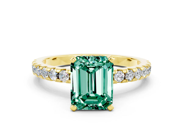 Yellow gold Emerald Cut Green Sapphire Solitaire Ring with Round  Pavé Band and Four-Prong Setting