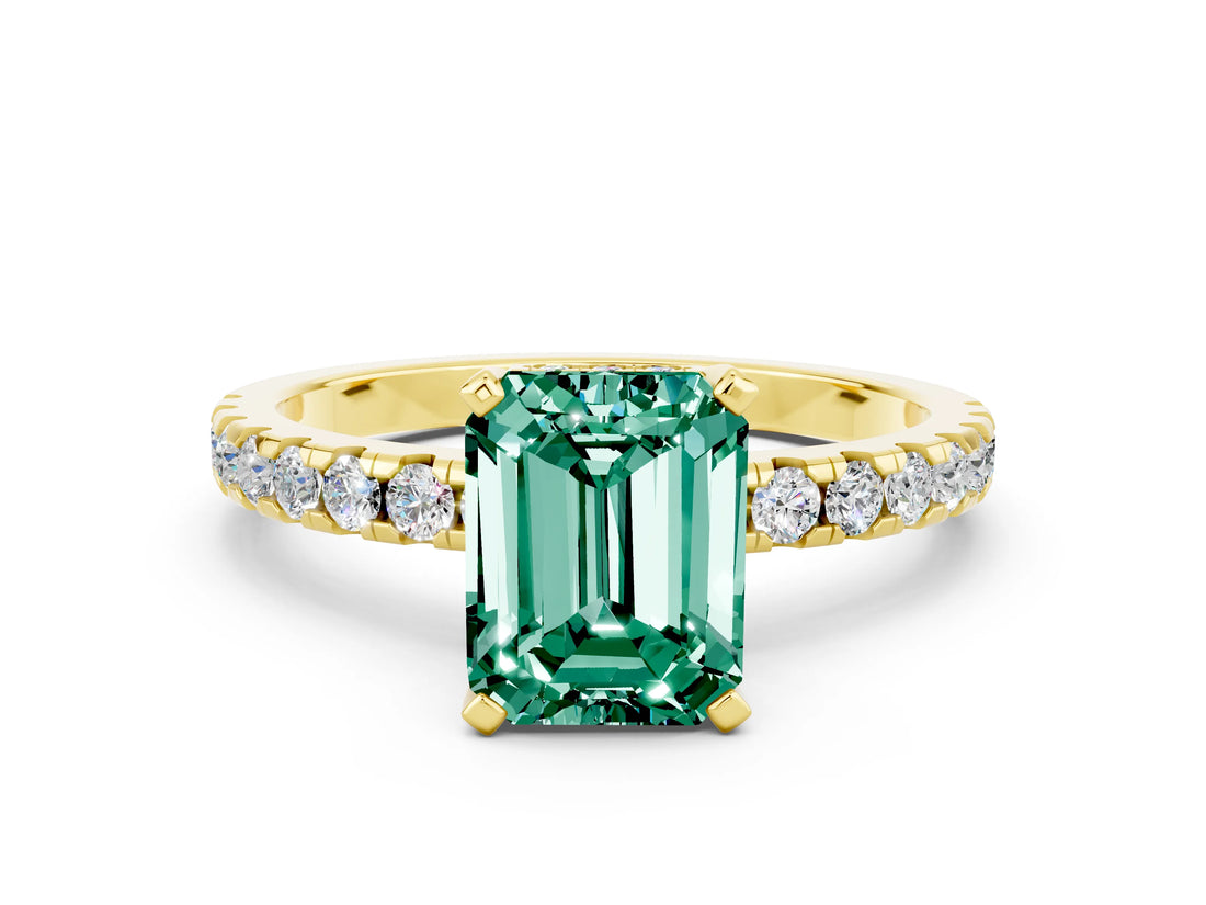Yellow gold Emerald Cut Green Sapphire Solitaire Ring with Round  Pavé Band and Four-Prong Setting_36