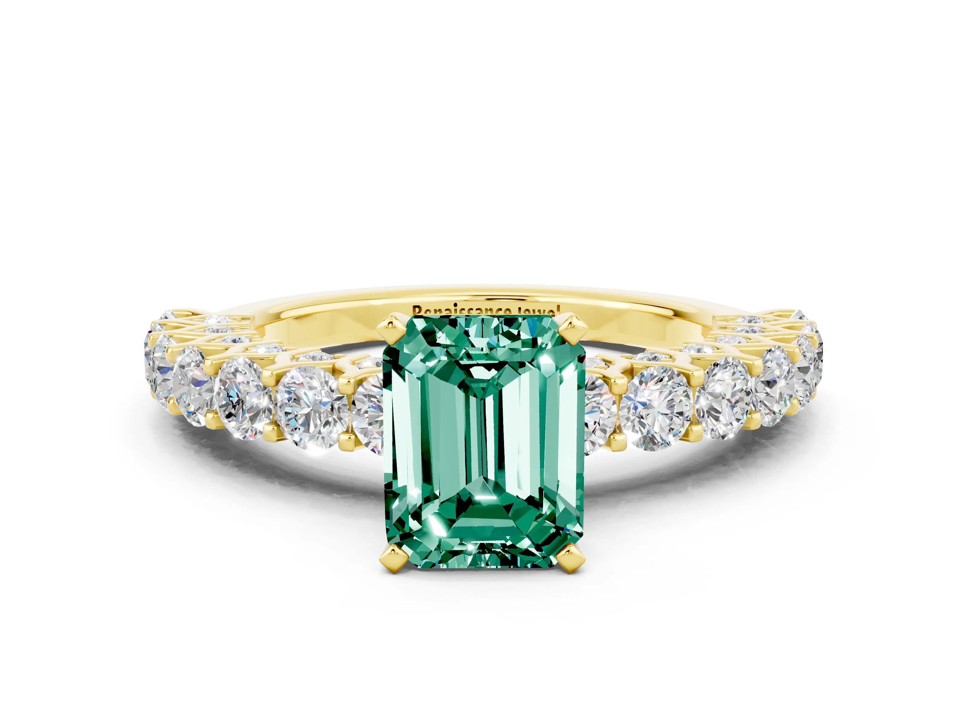 Yellow gold Emerald Cut Green Sapphire Solitaire Ring with Shared Prong Pavé Band and Four-Prong Setting