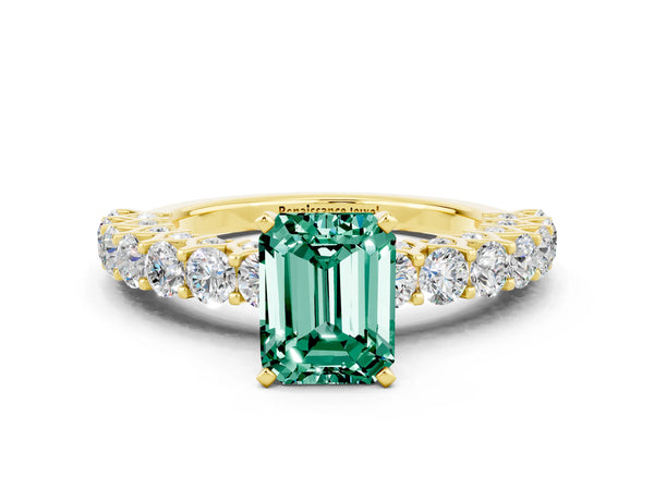 Yellow gold Emerald Cut Green Sapphire Solitaire Ring with Shared Prong Pavé Band and Four-Prong Setting