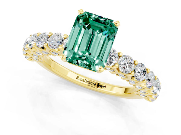 Yellow gold Emerald Cut Green Sapphire Solitaire Ring with Shared Prong Pavé Band and Four-Prong Setting