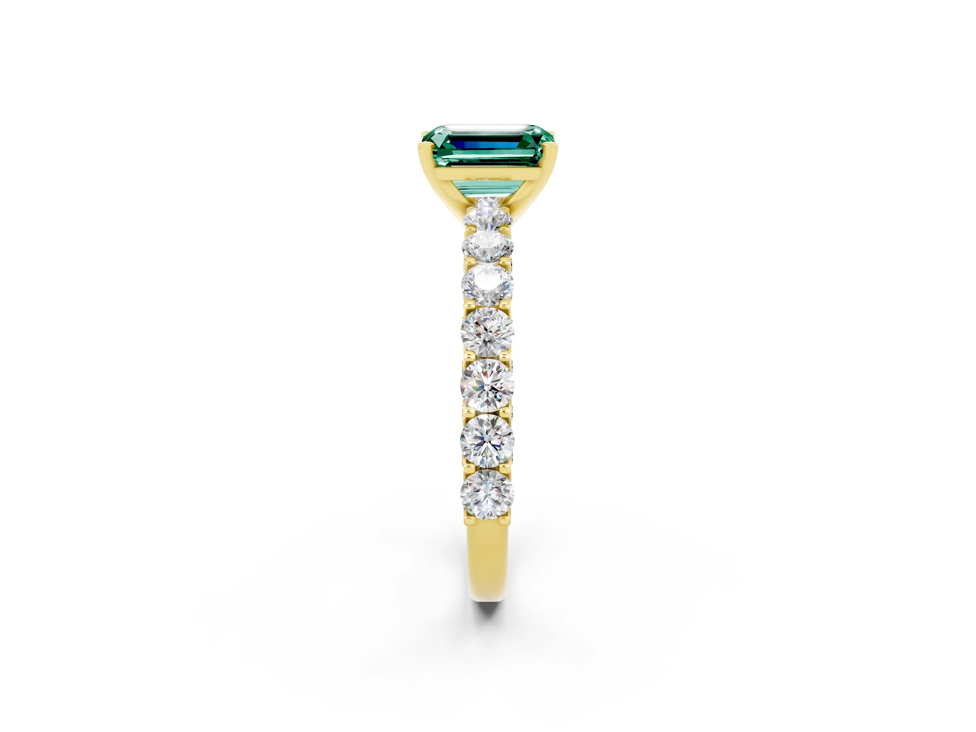 Yellow gold Emerald Cut Green Sapphire Solitaire Ring with Shared Prong Pavé Band and Four-Prong Setting_2