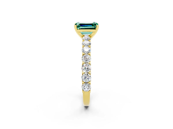 Yellow gold Emerald Cut Green Sapphire Solitaire Ring with Shared Prong Pavé Band and Four-Prong Setting