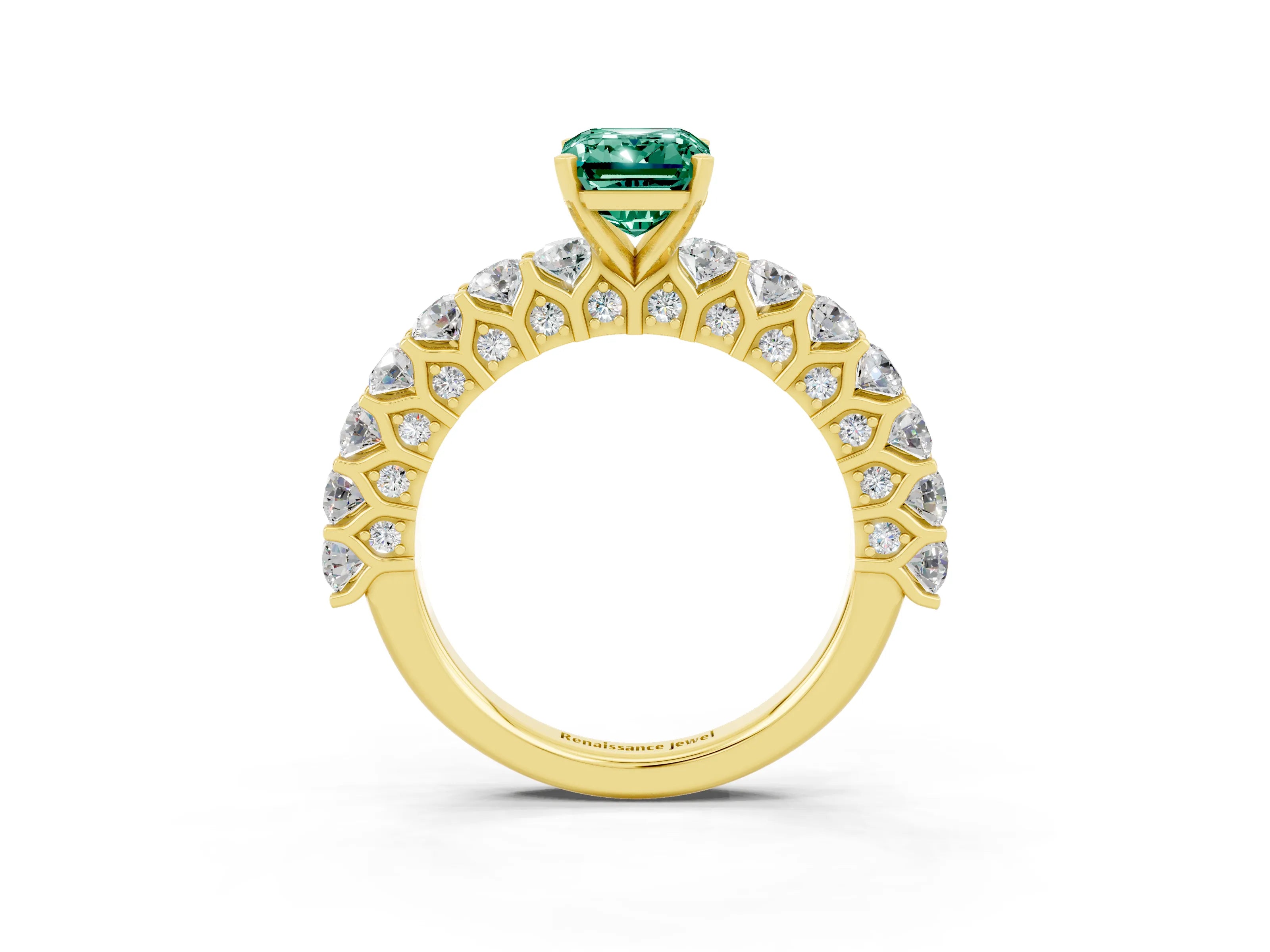 Yellow gold Emerald Cut Green Sapphire Solitaire Ring with Shared Prong Pavé Band and Four-Prong Setting_3