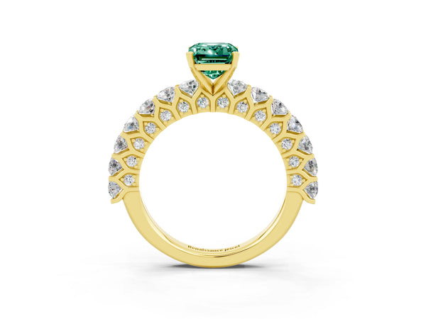 Yellow gold Emerald Cut Green Sapphire Solitaire Ring with Shared Prong Pavé Band and Four-Prong Setting