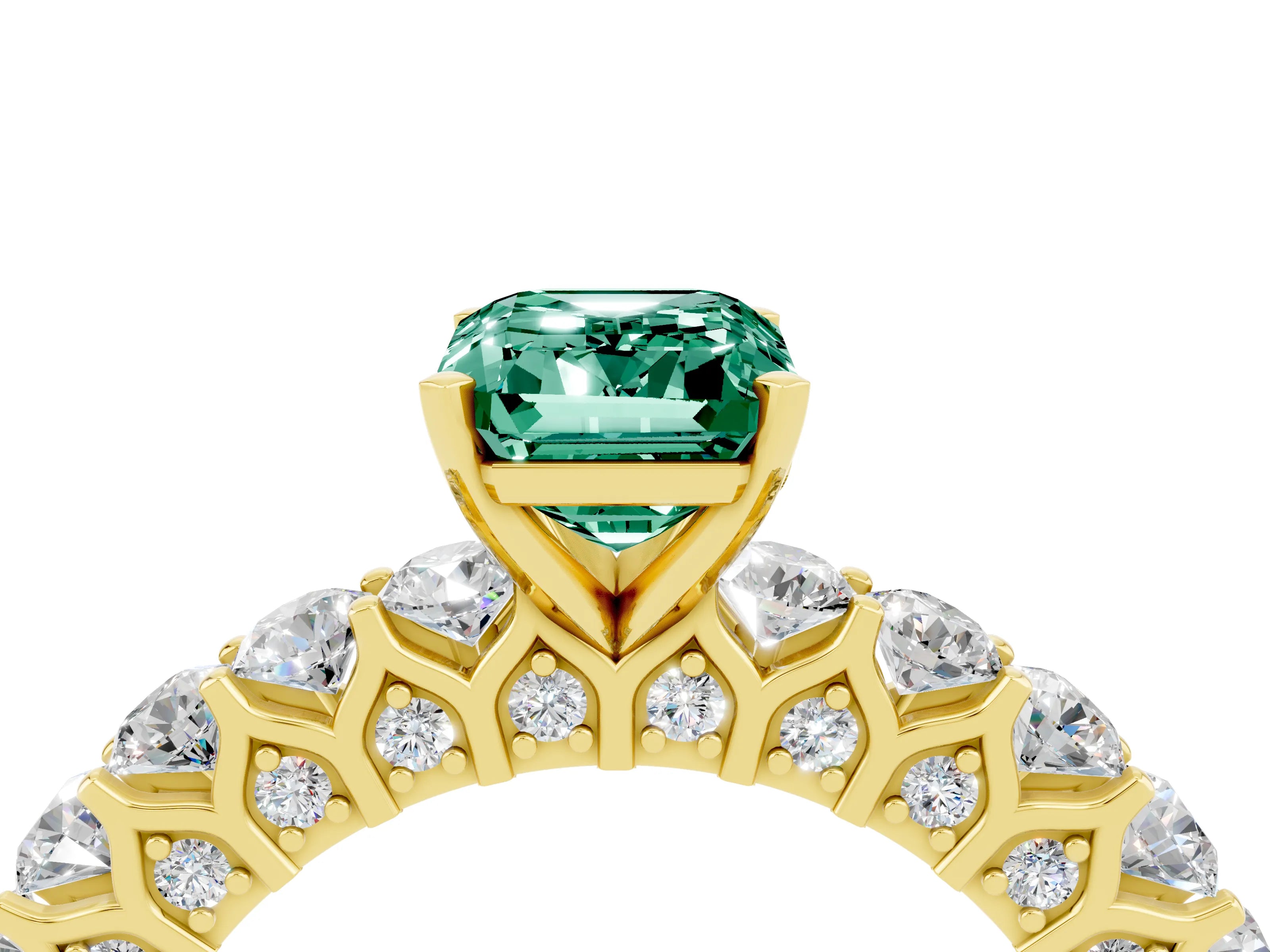 Yellow gold Emerald Cut Green Sapphire Solitaire Ring with Shared Prong Pavé Band and Four-Prong Setting_4