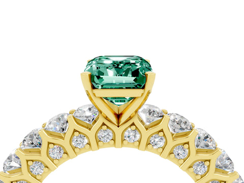 Yellow gold Emerald Cut Green Sapphire Solitaire Ring with Shared Prong Pavé Band and Four-Prong Setting_4