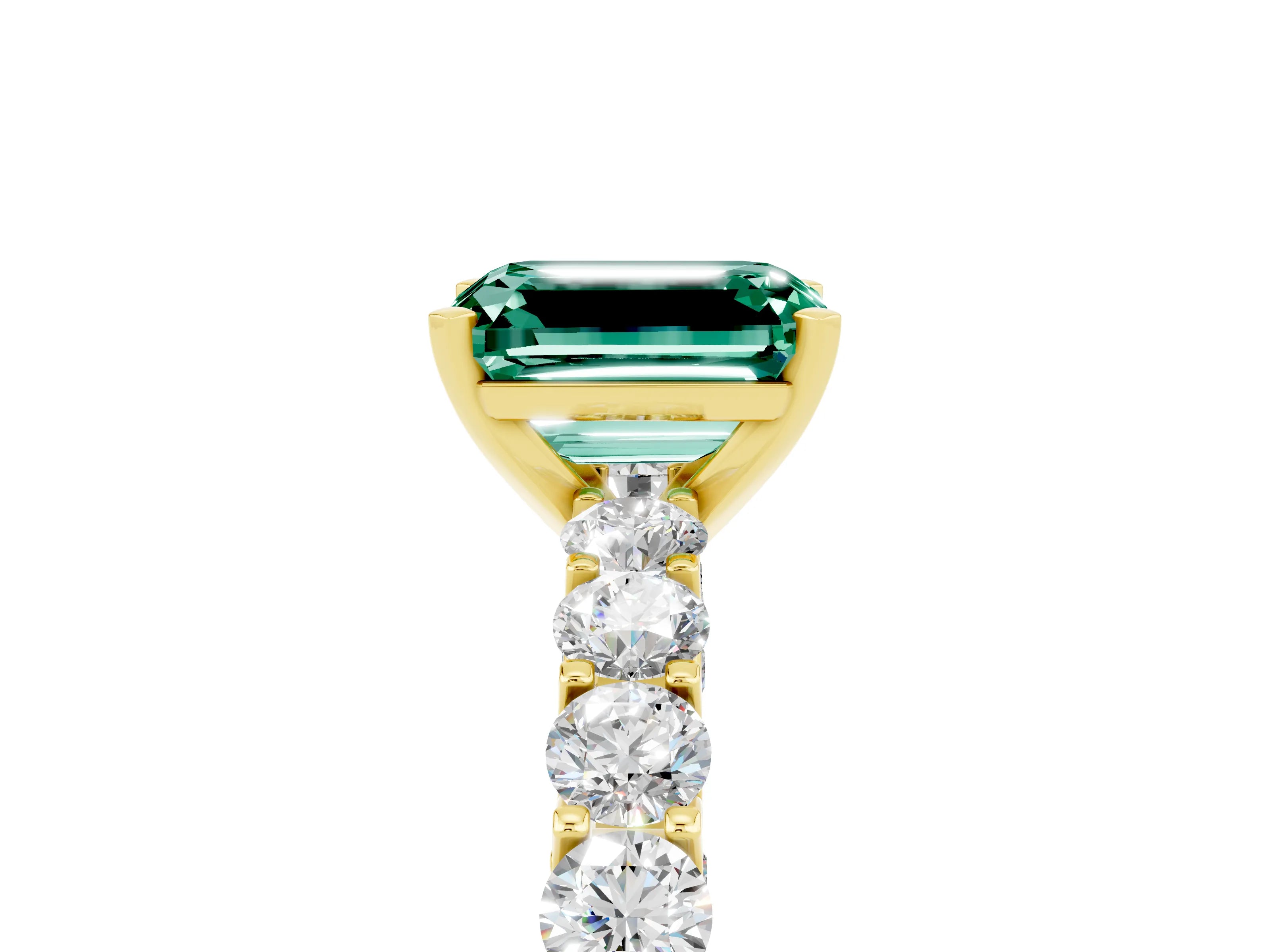 Yellow gold Emerald Cut Green Sapphire Solitaire Ring with Shared Prong Pavé Band and Four-Prong Setting_5
