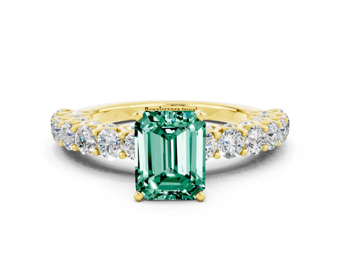 Yellow gold Emerald Cut Green Sapphire Solitaire Ring with Shared Prong Pavé Band and Four-Prong Setting