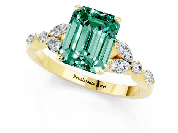 Yellow gold Emerald Cut Green Sapphire Solitaire Ring with Side Stones and Four-Prong Setting