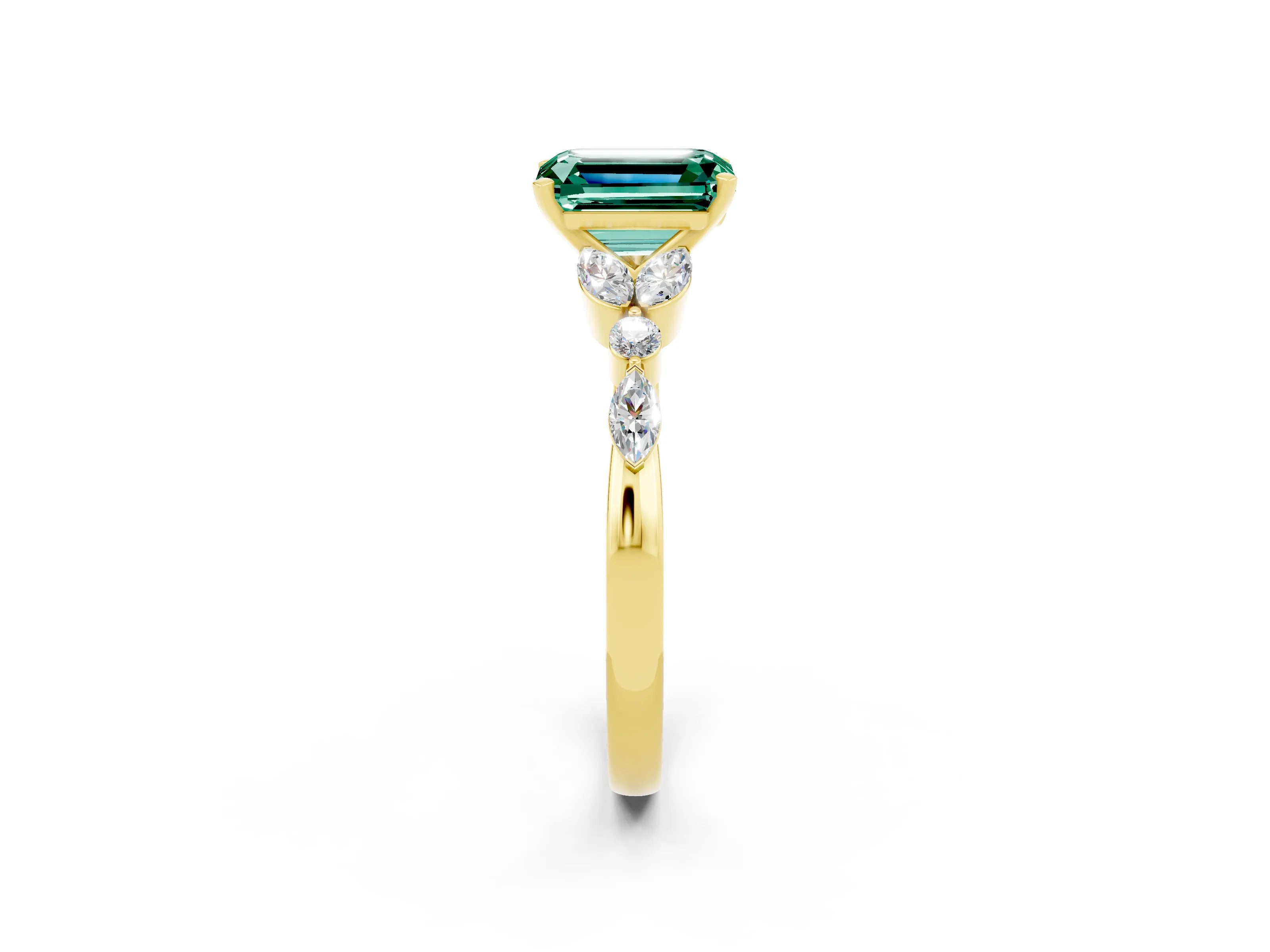 Yellow gold Emerald Cut Green Sapphire Solitaire Ring with Side Stones and Four-Prong Setting_14
