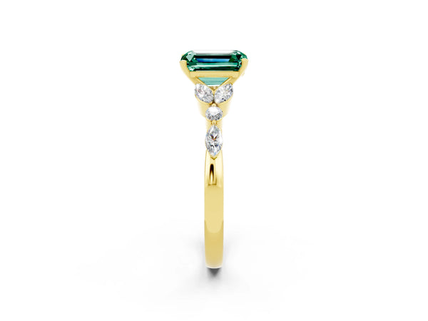 Yellow gold Emerald Cut Green Sapphire Solitaire Ring with Side Stones and Four-Prong Setting