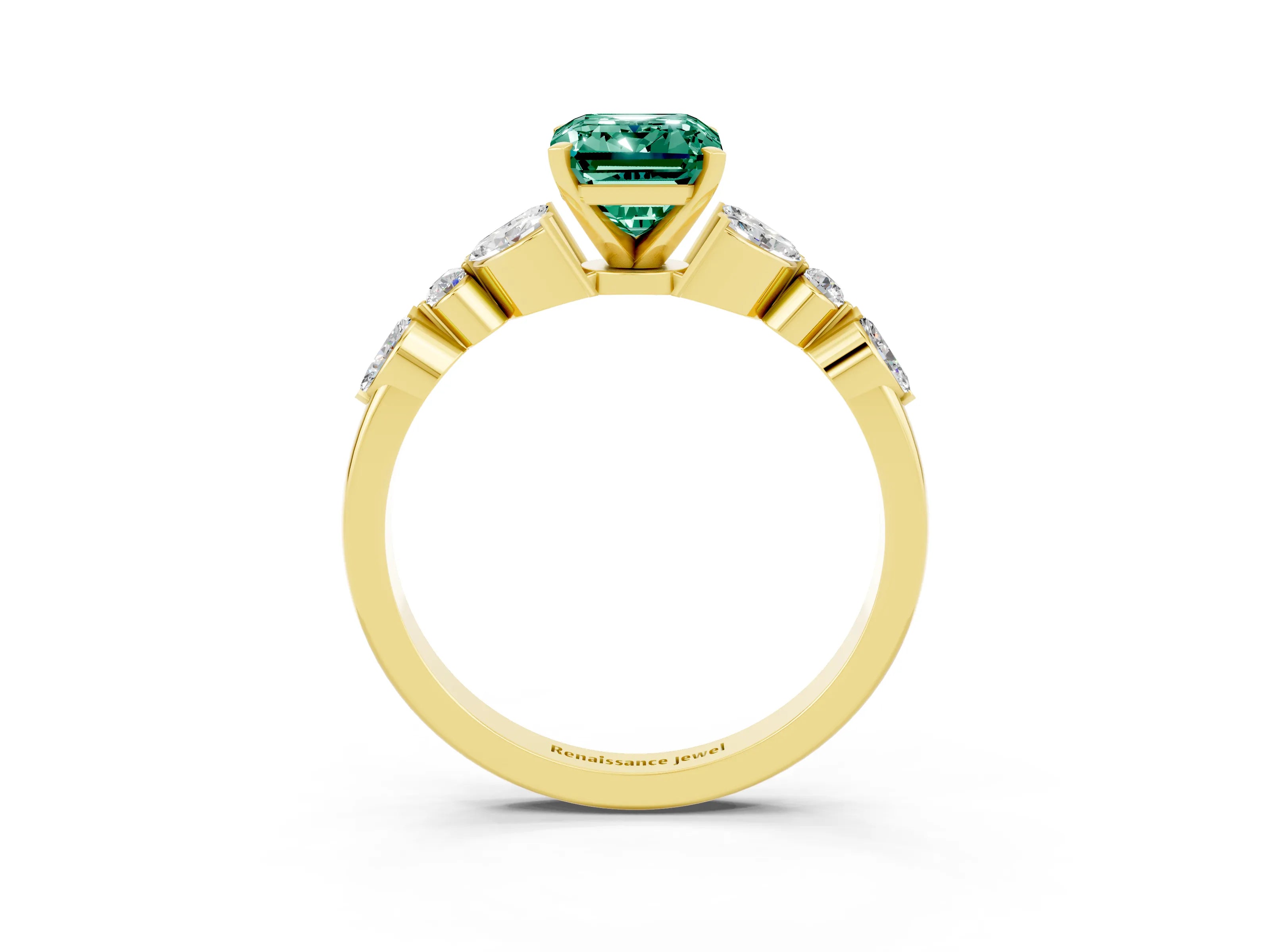 Yellow gold Emerald Cut Green Sapphire Solitaire Ring with Side Stones and Four-Prong Setting_15