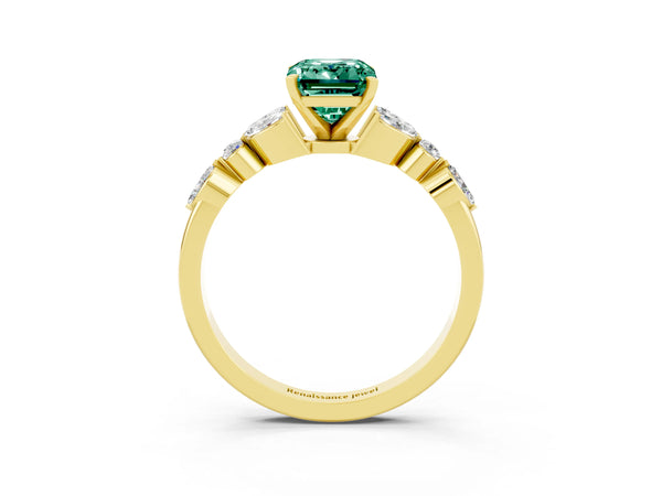 Yellow gold Emerald Cut Green Sapphire Solitaire Ring with Side Stones and Four-Prong Setting