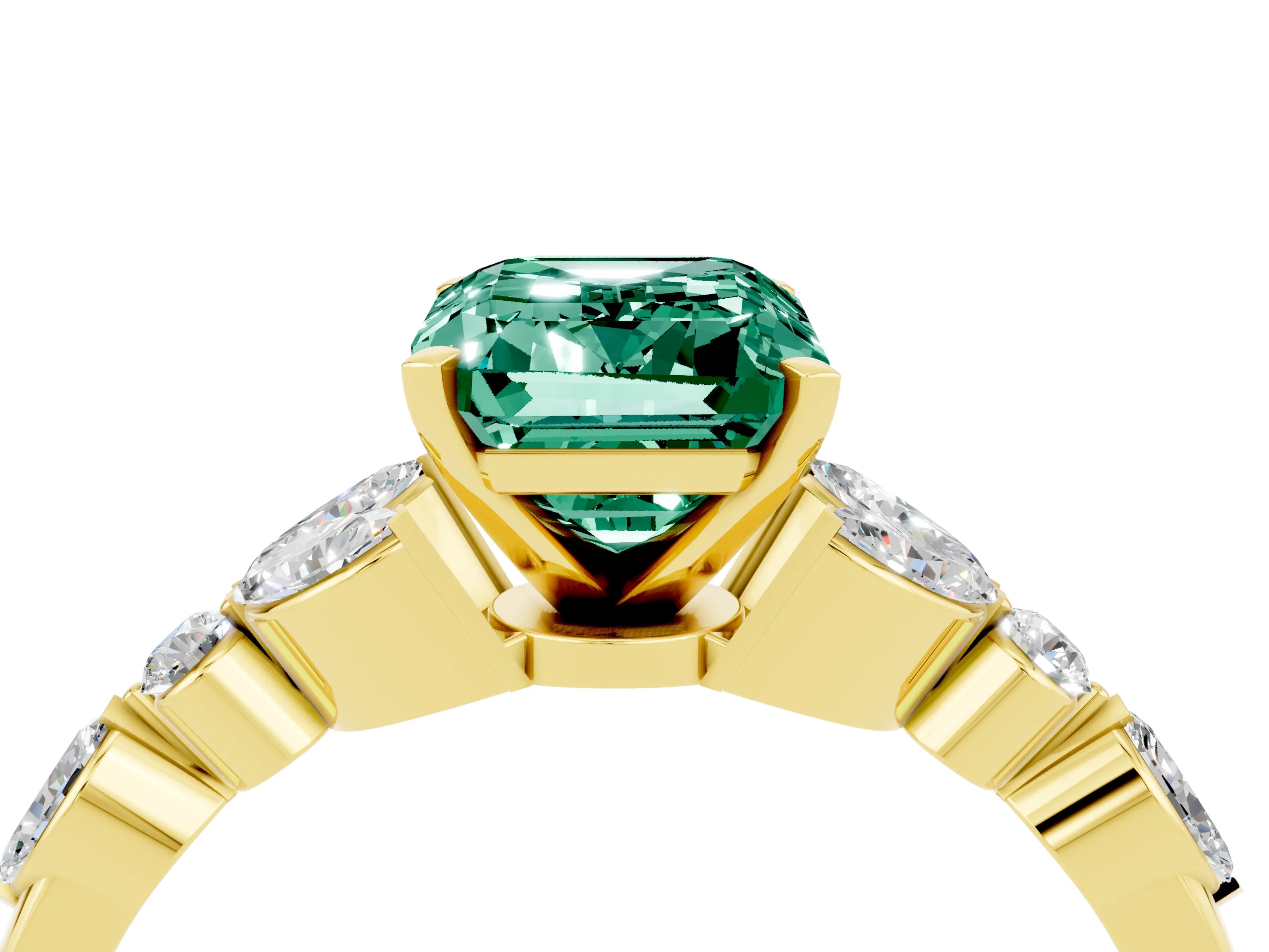 Yellow gold Emerald Cut Green Sapphire Solitaire Ring with Side Stones and Four-Prong Setting_16