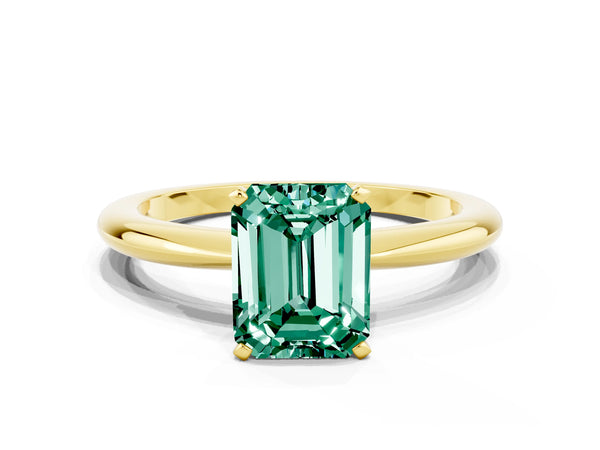 Yellow gold Emerald Cut Green Sapphire Solitaire Ring with Six-Prong Setting and Classic Band