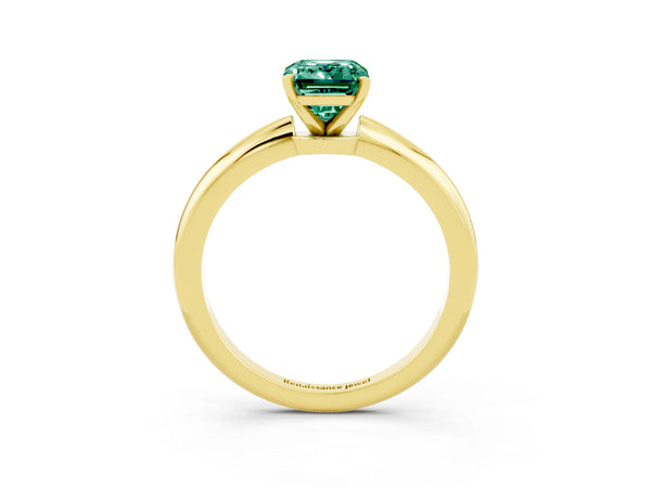 Yellow gold Emerald Cut Green Sapphire Solitaire Ring with Six-Prong Setting and Classic Band